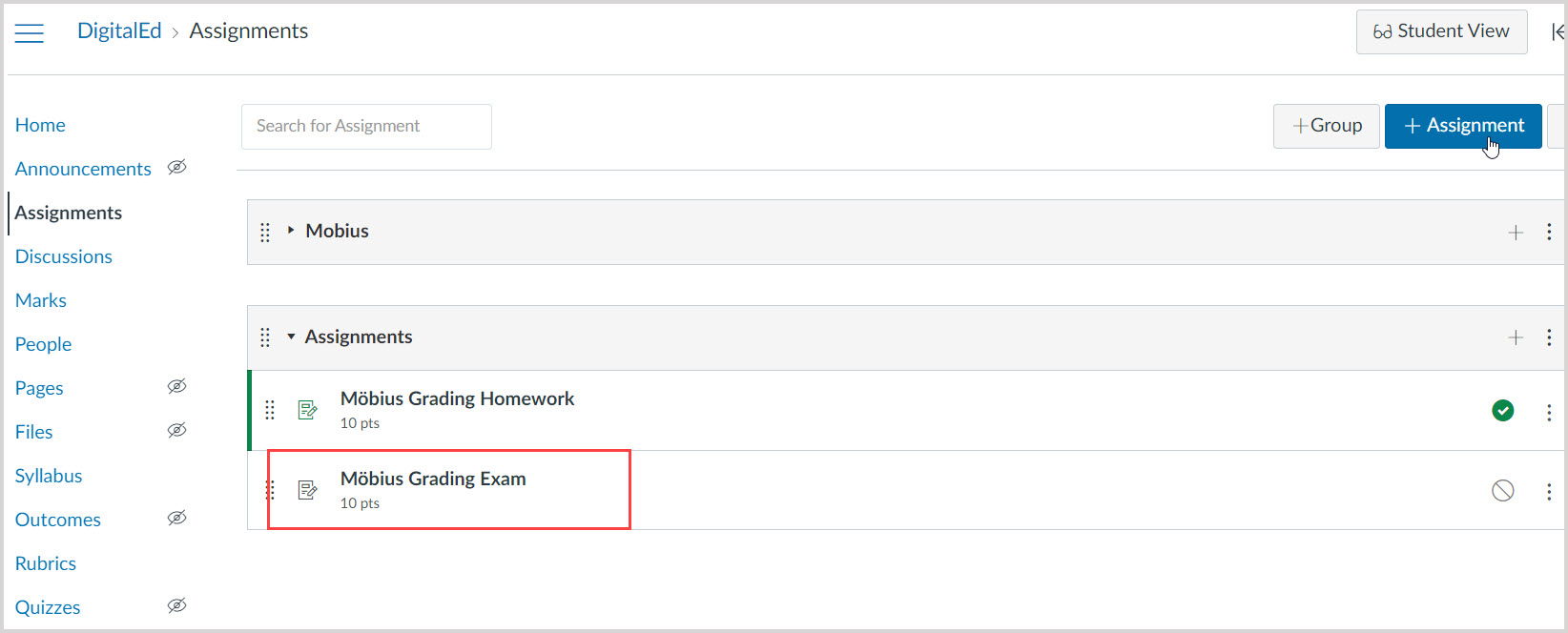 Canvas Assignments page with a link called Mobius Grading Exam.